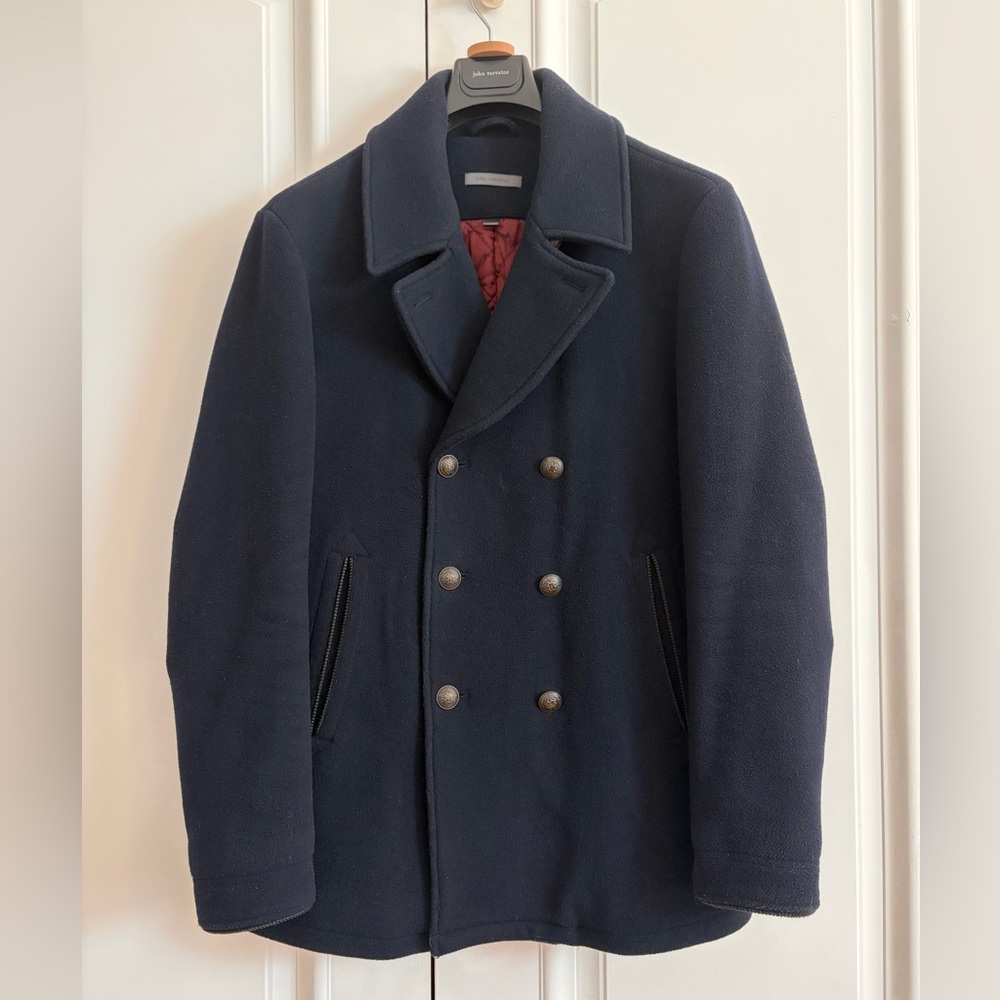 John Varvatos Navy Double-Breasted Carlos Peacoat with Red Quilted Lining